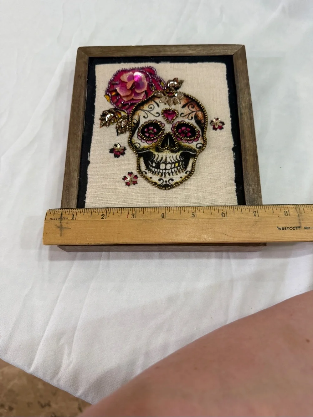 Embellished Sugar Skull Art with Pink Floral Accent